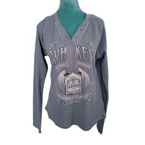 Womens Blue Whiskey V Neck Quarter Button Up Long Sleeve Shirt Size M